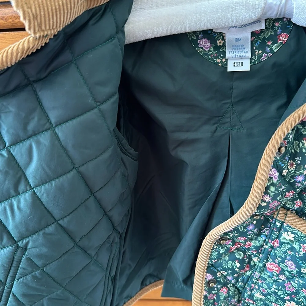 Ralph Lauren Green Floral Quilted Hooded Jacket with Tan Trim
